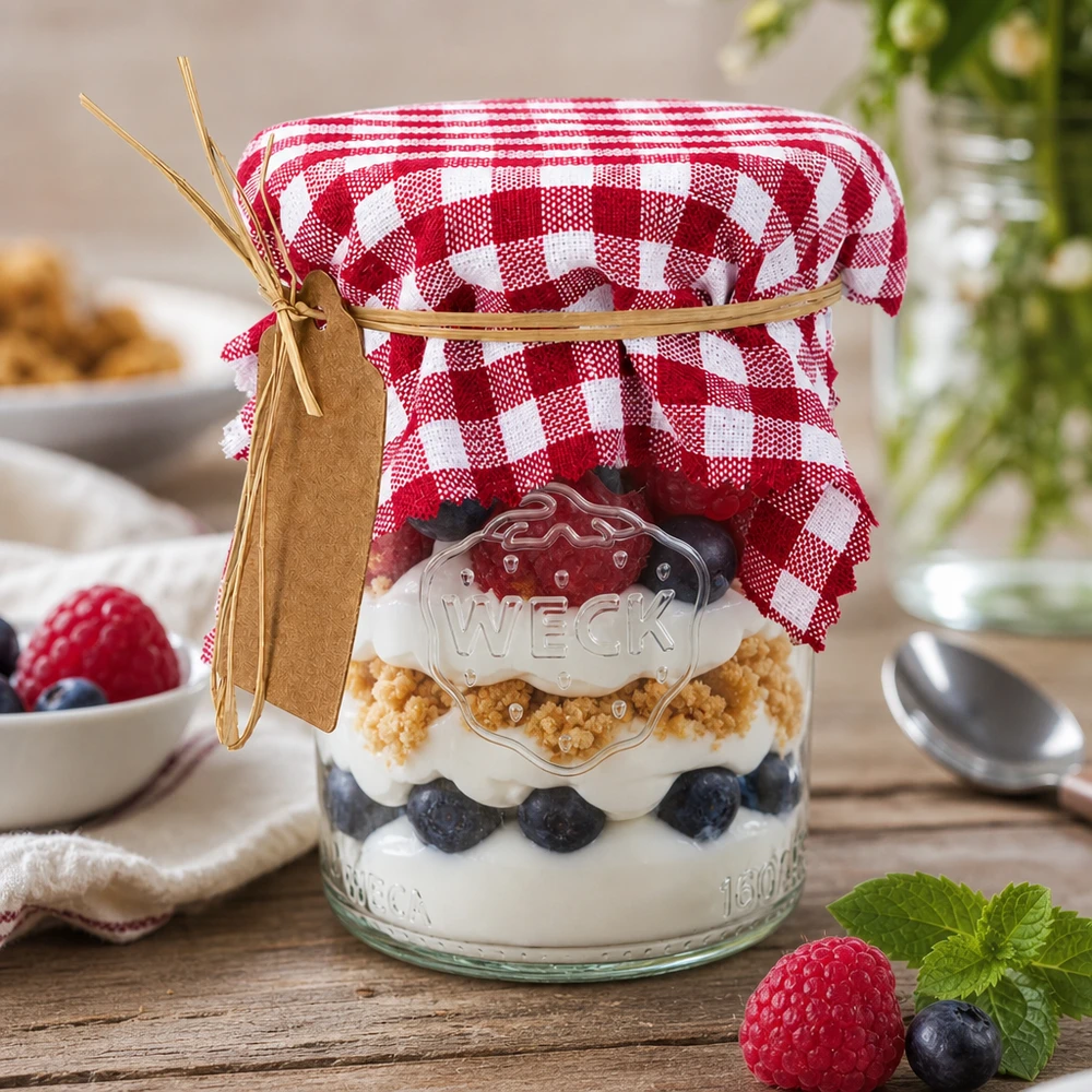 Bordowa serwetka dekoracyjna 12 cm kwadratowa na słoiku na dżem z jagodowym deserem i ozdobną zawieszką