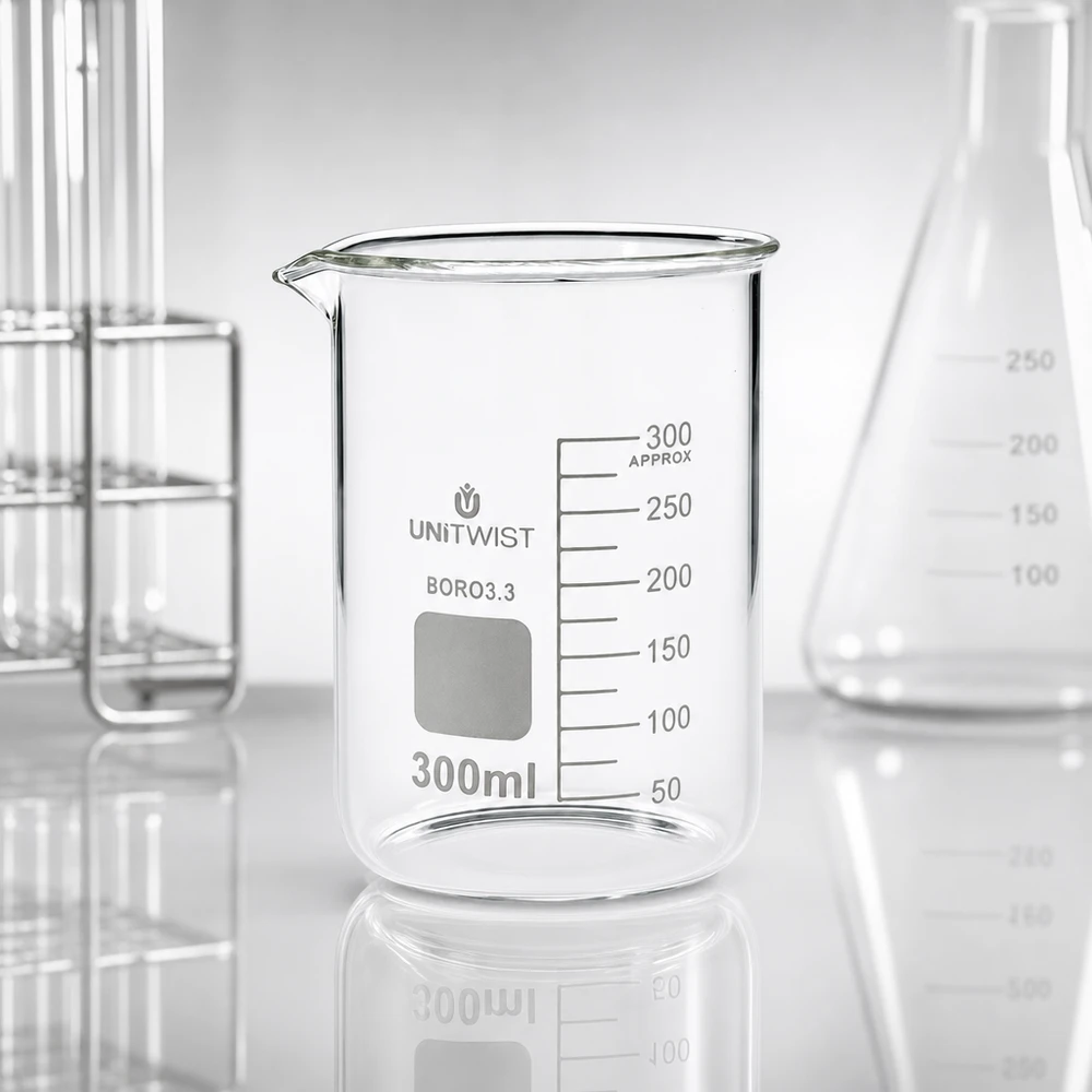 Szklanka UNiTWIST 300 ml z borokrzemianu, o niskim profilu, ze skalą mililitrową, obok kolby Erlenmeyera