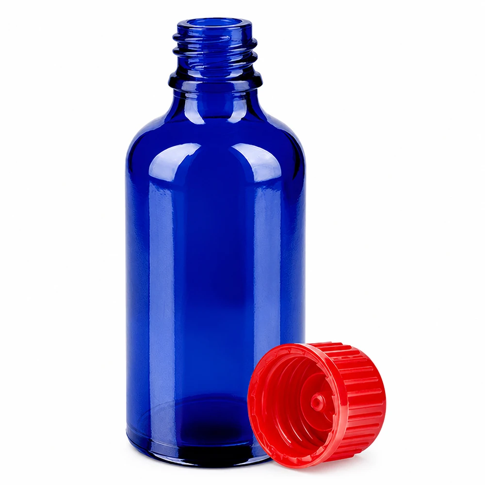 Butelka 50 ml 11 mm SV czerwony STD BlueLine UT18/50 Mała butelka laboratoryjna o pojemności 50 ml w kolorze kobaltowo-niebieskim z jaskrawoczerwoną zakrętką do precyzyjnego dozowania
