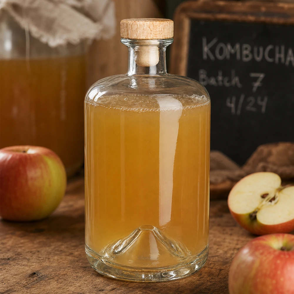 Butelka apteczna 700 ml Sofia z drewnianym korkiem UNiTWIST® 700 ml szklana butelka Sofia z drewnianym korkiem wypełniona sokiem jabłkowym obok świeżych jabłek i baru Kombucha