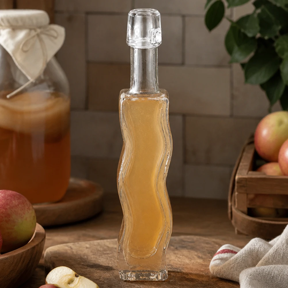 40ml szklana butelka Anna wypełniona octem jabłkowym rustykalna kuchnia drewniana deska świeże jabłka naturalne składniki winegret