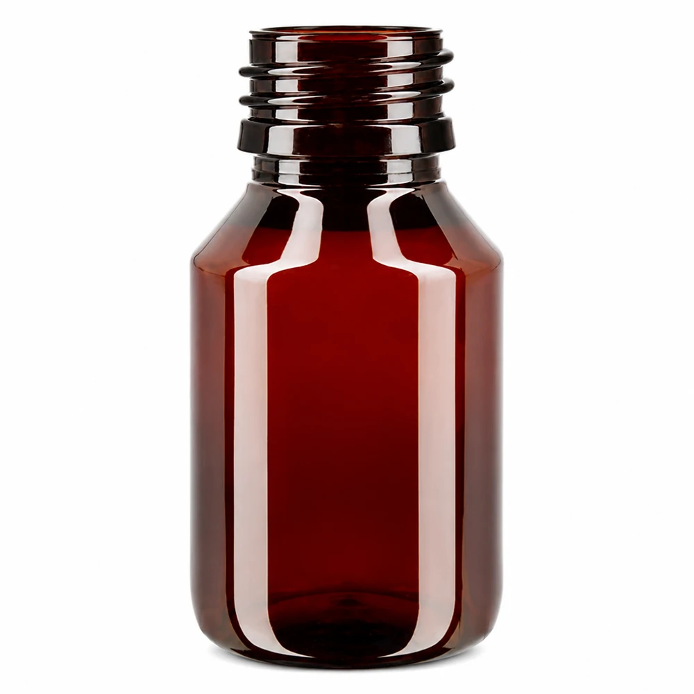 Butelka PET o pojemności 50 ml, w kolorze bursztynowym, z gwintem PP28, bez nakrętki, przeznaczona do zastosowań farmaceutycznych