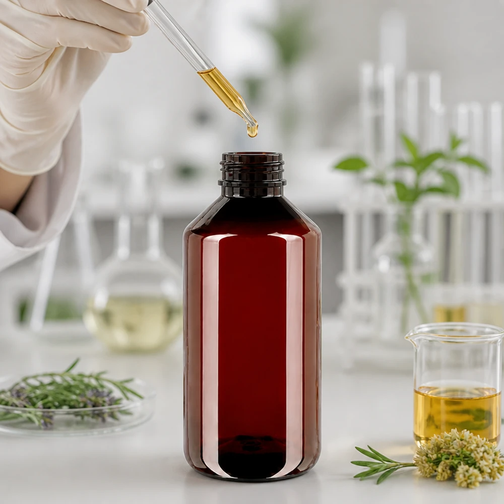 Brązowa butelka PET o pojemności 1000 ml z klapką, przeznaczona do olejków eterycznych i kosmetyków naturalnych