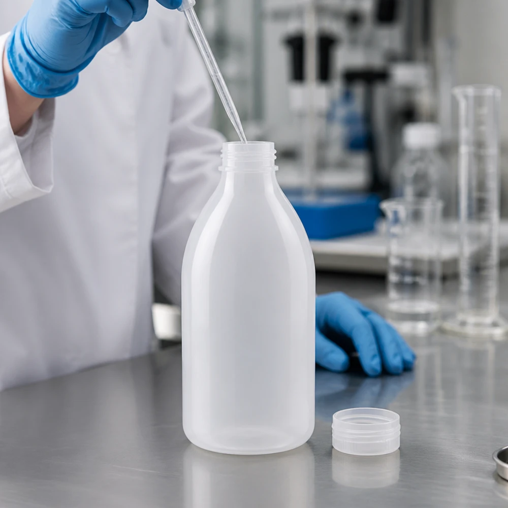 Butelka laboratoryjna 500 ml z wąską szyjką bez zakrętki 500 ml plastikowa butelka laboratoryjna z wąską szyjką, półprzezroczysta, bez pokrywki, na stole ze stali nierdzewnej
