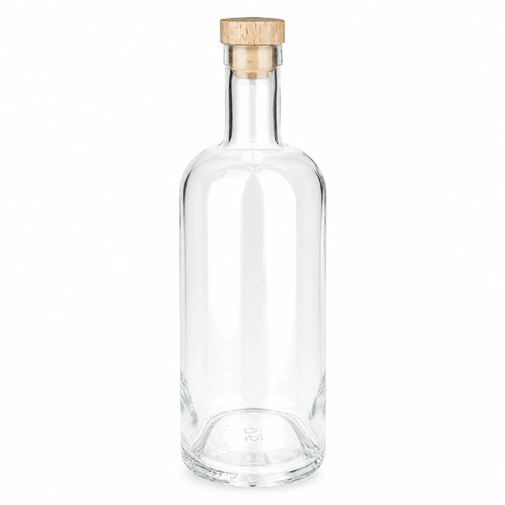750ml szklana butelka Emma z drewnianym uchwytem korek UNiTWIST przezroczysta pusta Zdjęcie produktu na białym tle