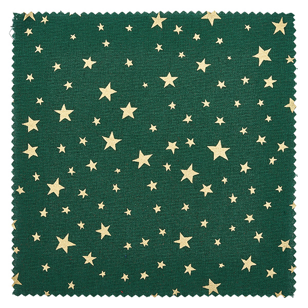 Tkanina serwetka gwiazdki zielony kwadrat 120x120mm Zbliżenie na zieloną tkaninę ze złotymi gwiazdami o różnych rozmiarach, dekoracyjny materiał serwetkowy 12x12cm kwadratowy