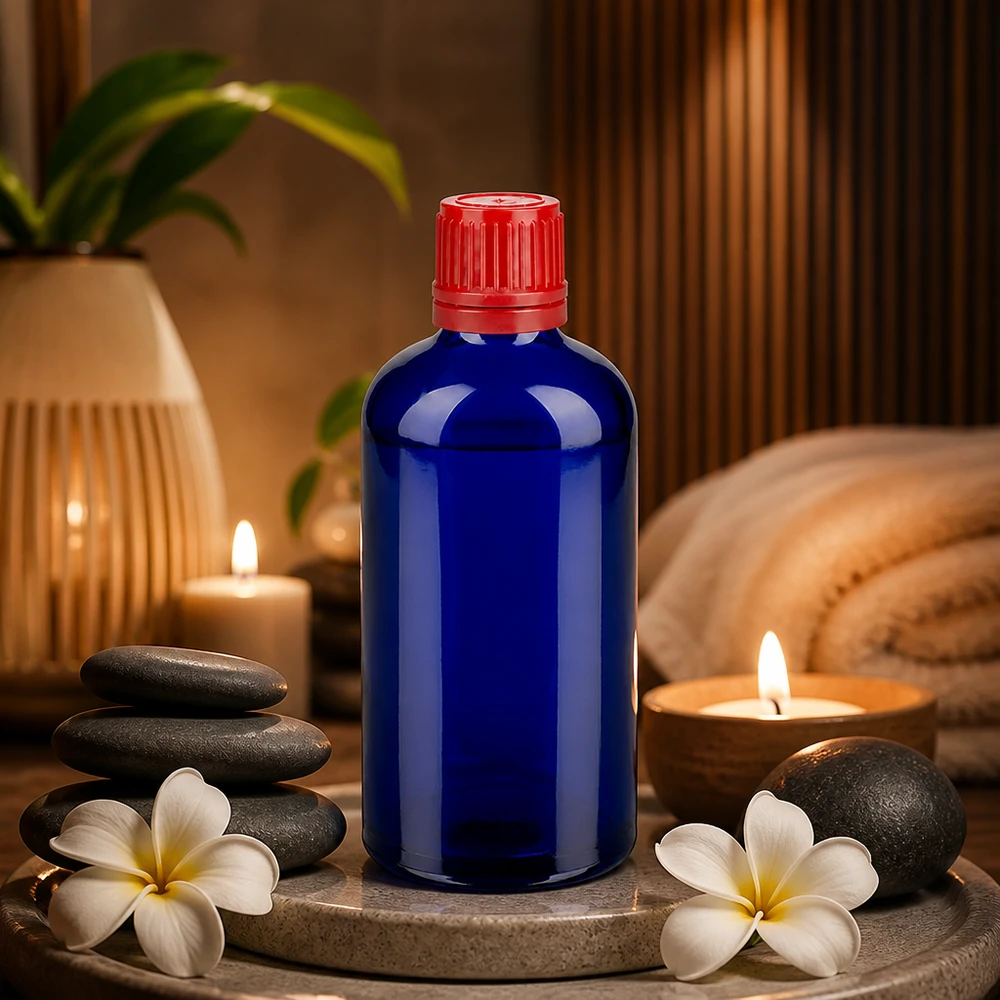 100 ml niebieska butelka na lekarstwa BlueLine UT18 z czerwoną zakrętką zabezpieczającą przed dziećmi i kroplami