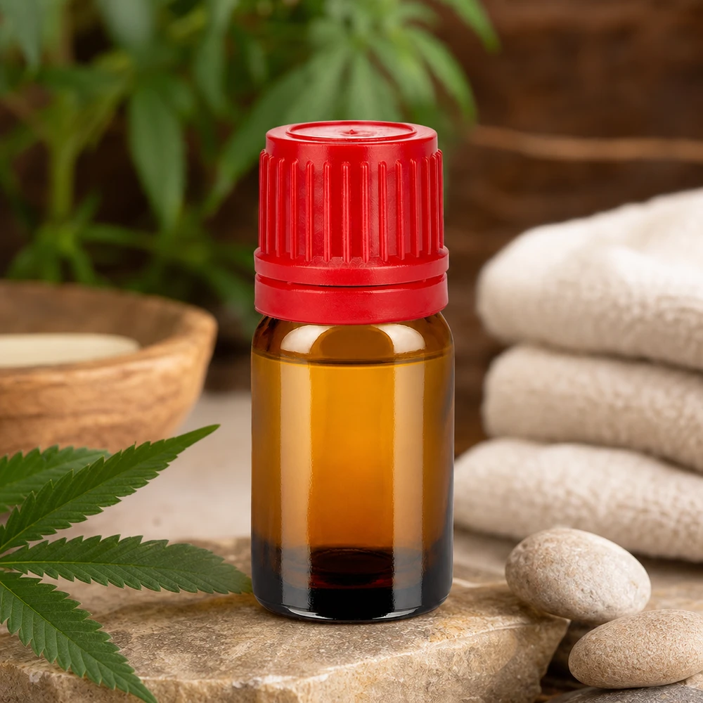 Butelka z bursztynowego szkła o pojemności 5 ml z czerwoną zakrętką 11 mm do profesjonalnej aromaterapii