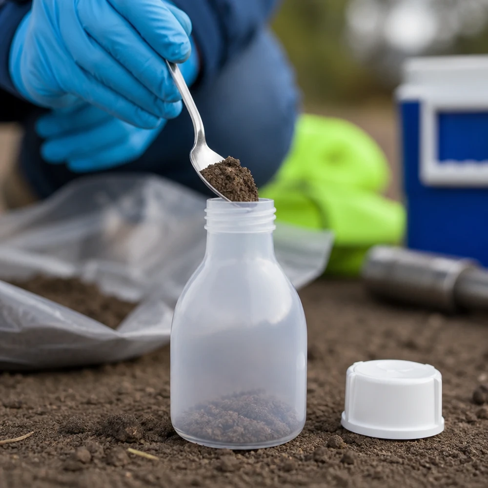 Butelka zakręcana 20 ml, butelka laboratoryjna z wąską szyjką Próbkę gleby umieszcza się za pomocą metalowej łyżki w butelce z polietylenu o pojemności 20 ml, z wąską szyjką i zakrętką. Pobieranie próbek środowiskowych