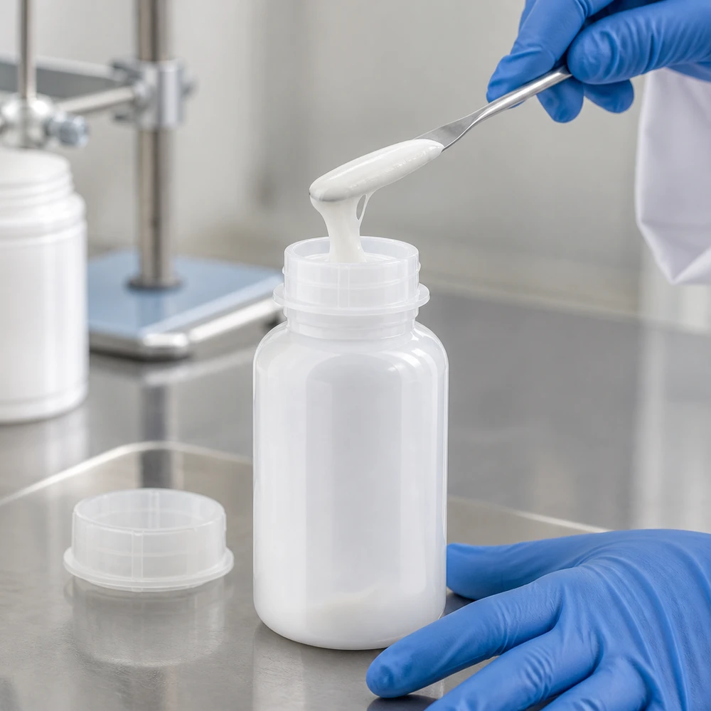 Butelka laboratoryjna 500 ml z szeroką szyjką i zakrętką Präzise Dosierung halbfester Substanz in geöffnete 500ml Weithalsflasche im Reinraumlabor