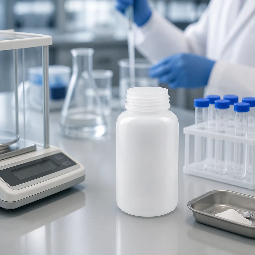 Biała, cylindryczna butelka laboratoryjna o pojemności 500 ml z szeroką szyjką obok wagi analitycznej i probówek