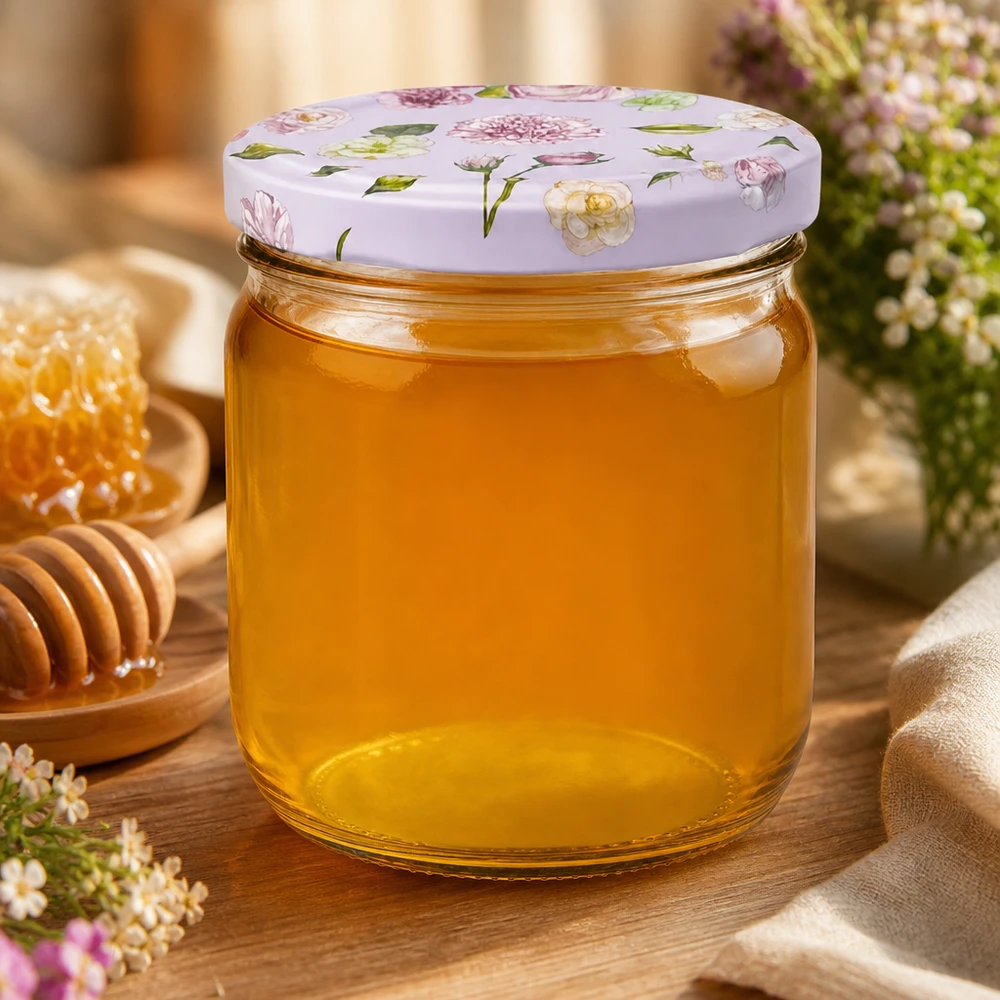 425 ml okrągłe szkło + BasicSeal pokrywka kwiat różowa UN..