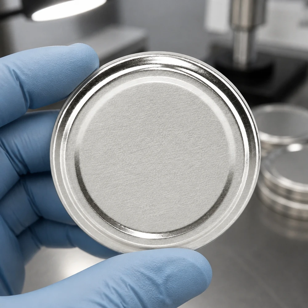 Pokrywka BasicSeal 100 mm, srebrna matowa, TO100, w niebieskiej rękawiczce w środowisku laboratoryjnym