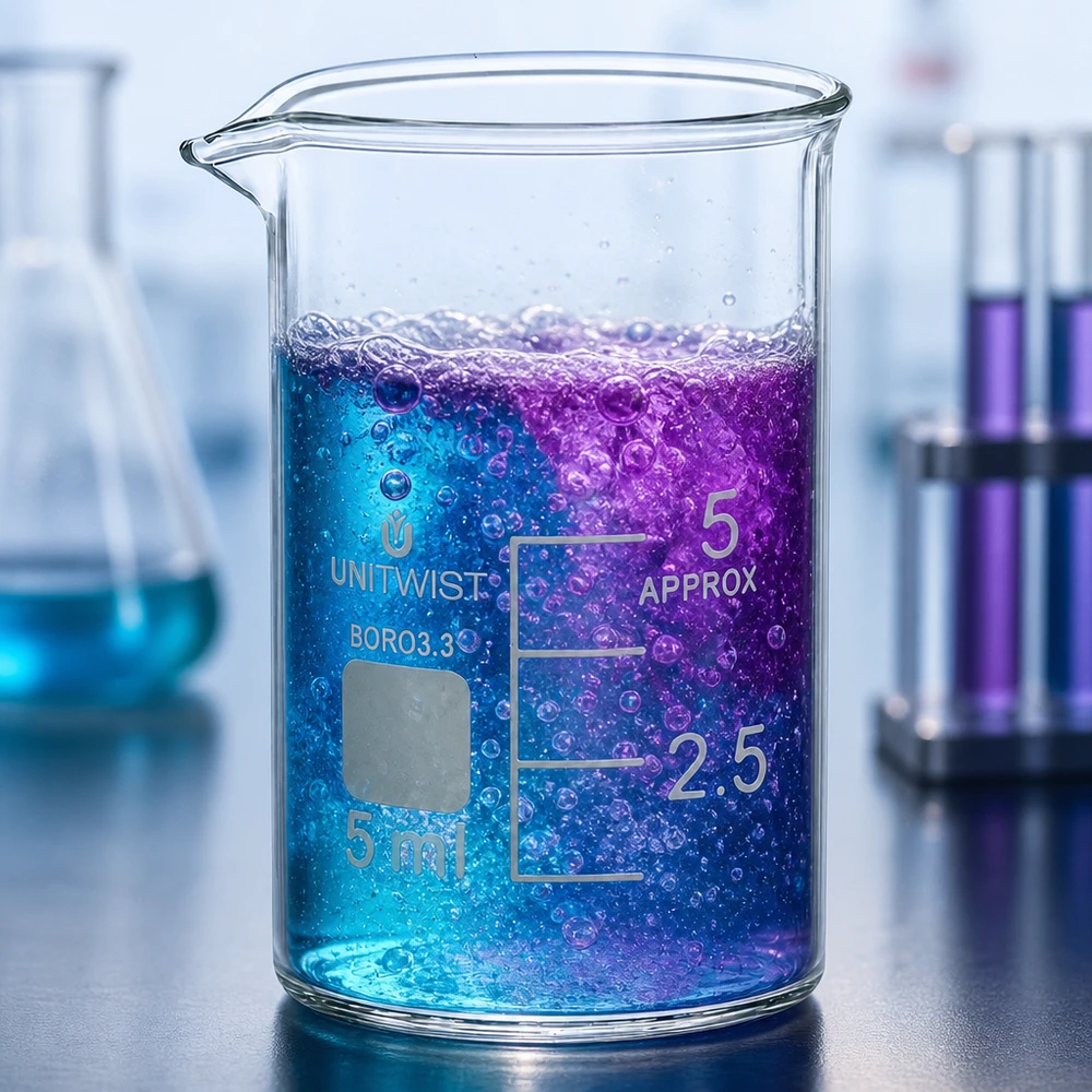Szklanka o pojemności 5 ml, o niskim profilu, z niebiesko-fioletową reakcją i tworzeniem się pęcherzyków w warunkach laboratoryjnych