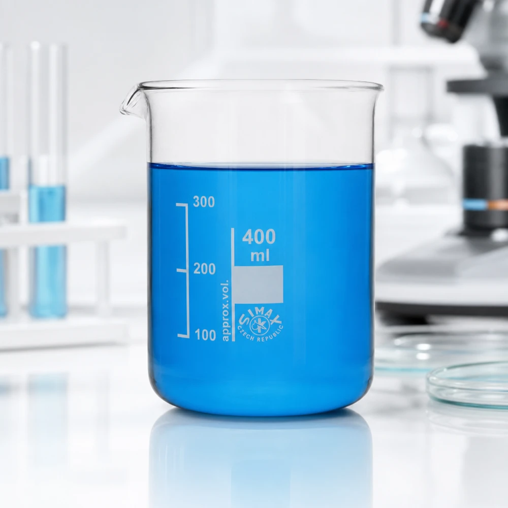 Zlewka 400 ml ze szkła borokrzemowego, niski kształt Wytrzymała zlewka ze szkła borokrzemowego o pojemności 400 ml z wyraźną podziałką do eksperymentów chemicznych