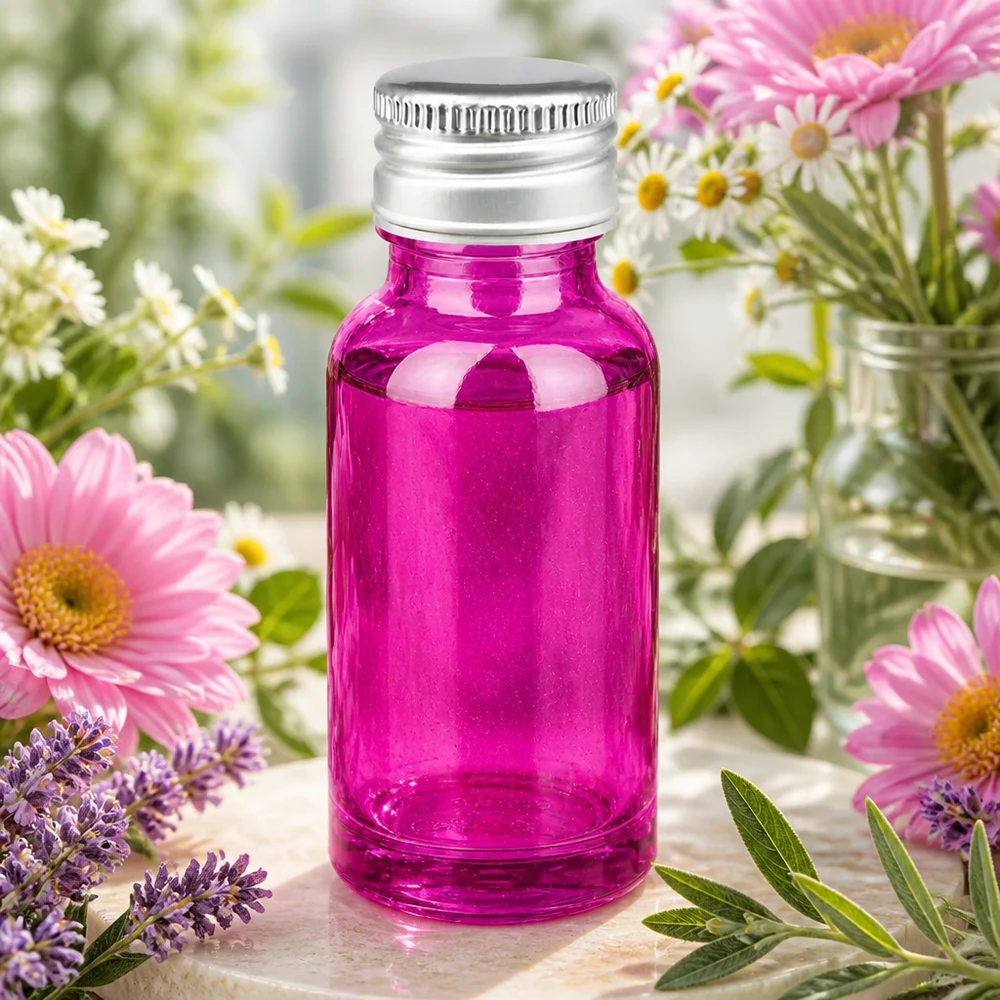 Butelka 20ml 11mm zakrętka aluminiowo-srebrna standard PurpleLine.UT18/20 Wysokiej jakości fioletowa szklana butelka o pojemności 20 ml z aluminiową zakrętką do ochrony przed promieniowaniem UV i aromaterapii