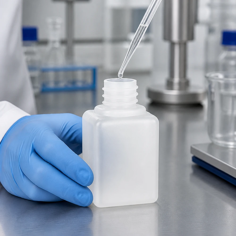 Laborant napełnia w laboratorium pipetą butelkę na chemikalia o pojemności 20 ml z polietylenu wysokogęstościowego (PE-HD) z wąską szyjką i gwintem GL18