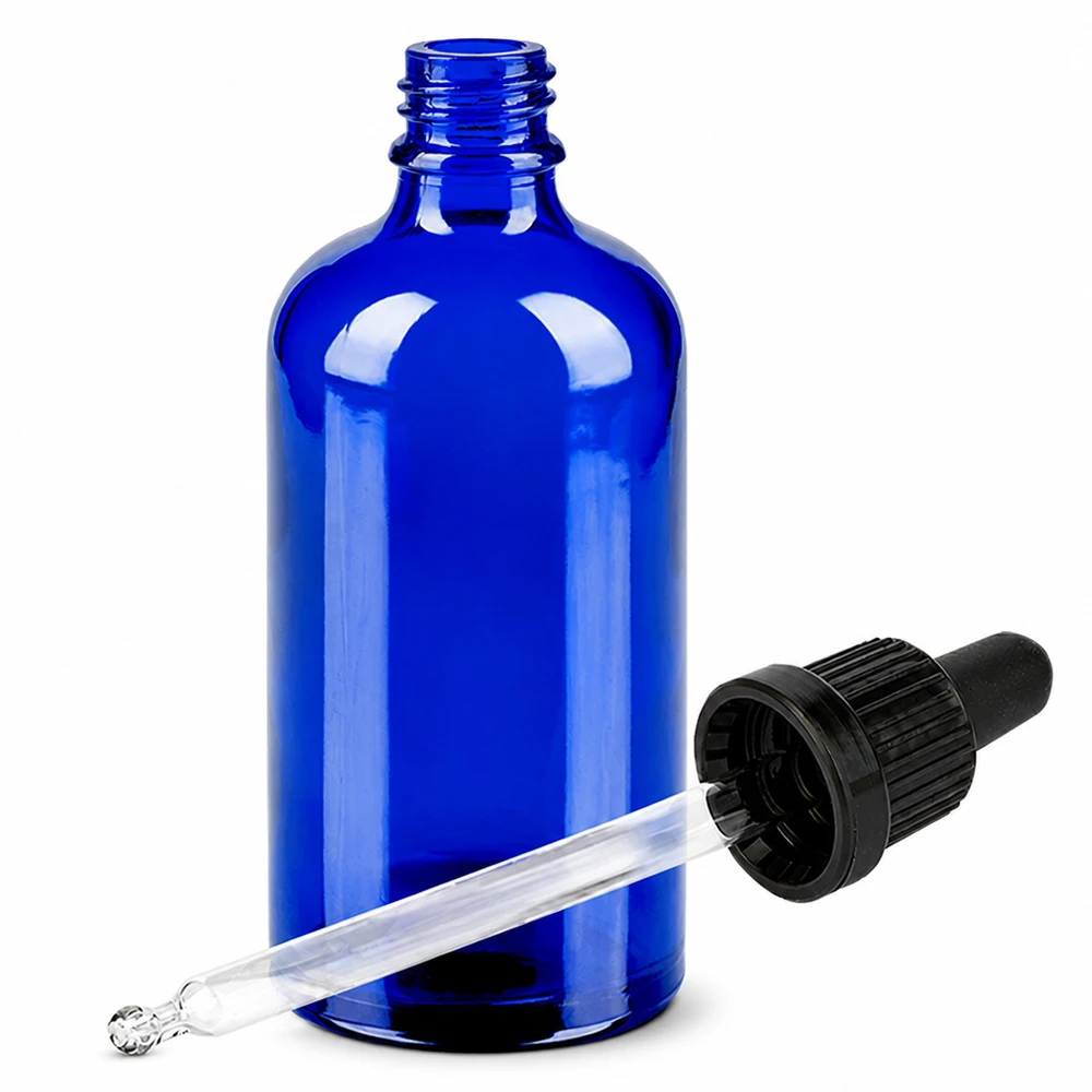 Profesjonalna szklana butelka 100 ml z pipetą w kolorze niebieskim do zastosowań laboratoryjnych i kosmetycznych