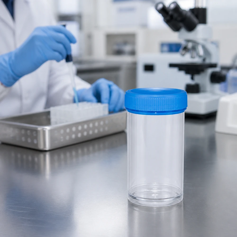 Uniwersalny plastikowy słoik (naczynie) 50 ml Na pierwszym planie widoczny jest pusty pojemnik na próbki o pojemności 50 ml, wykonany z przezroczystego tworzywa sztucznego, z niebieską zakrętką