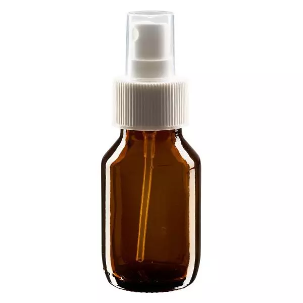 Butelka na lek 50 ml, brązowa, z pompką rozpylającą, biały ApoGlas. Farmaceutyczna jakość produkcji UE. Gwint 28 mm (PP28). (syrop, butelka z lekkiego szkła)