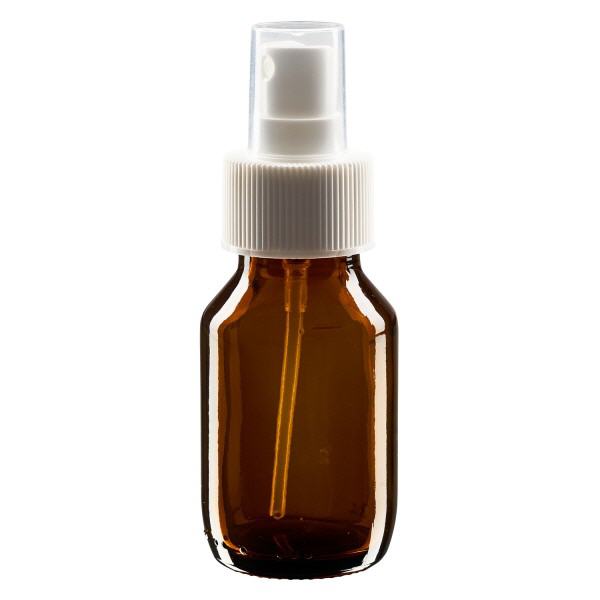 Butelka na lek 50 ml, br&#261;zowa, z pompk&#261; rozpylaj&#261;c&#261;, bia&#322;y ApoGlas. Farmaceutyczna jako&#347;&#263; produkcji UE. Gwint 28 mm (PP28). (syrop, butelka z lekkiego szk&#322;a)