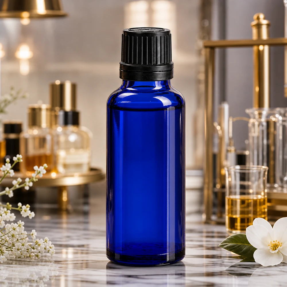 Butelka apteczna niebieska 30ml zakrętka czarny nalewak r. OV Kobaltowo-niebieska butelka apteczna o pojemności 30 ml z czarnym zamknięciem typu OV na marmurowym blacie w laboratorium