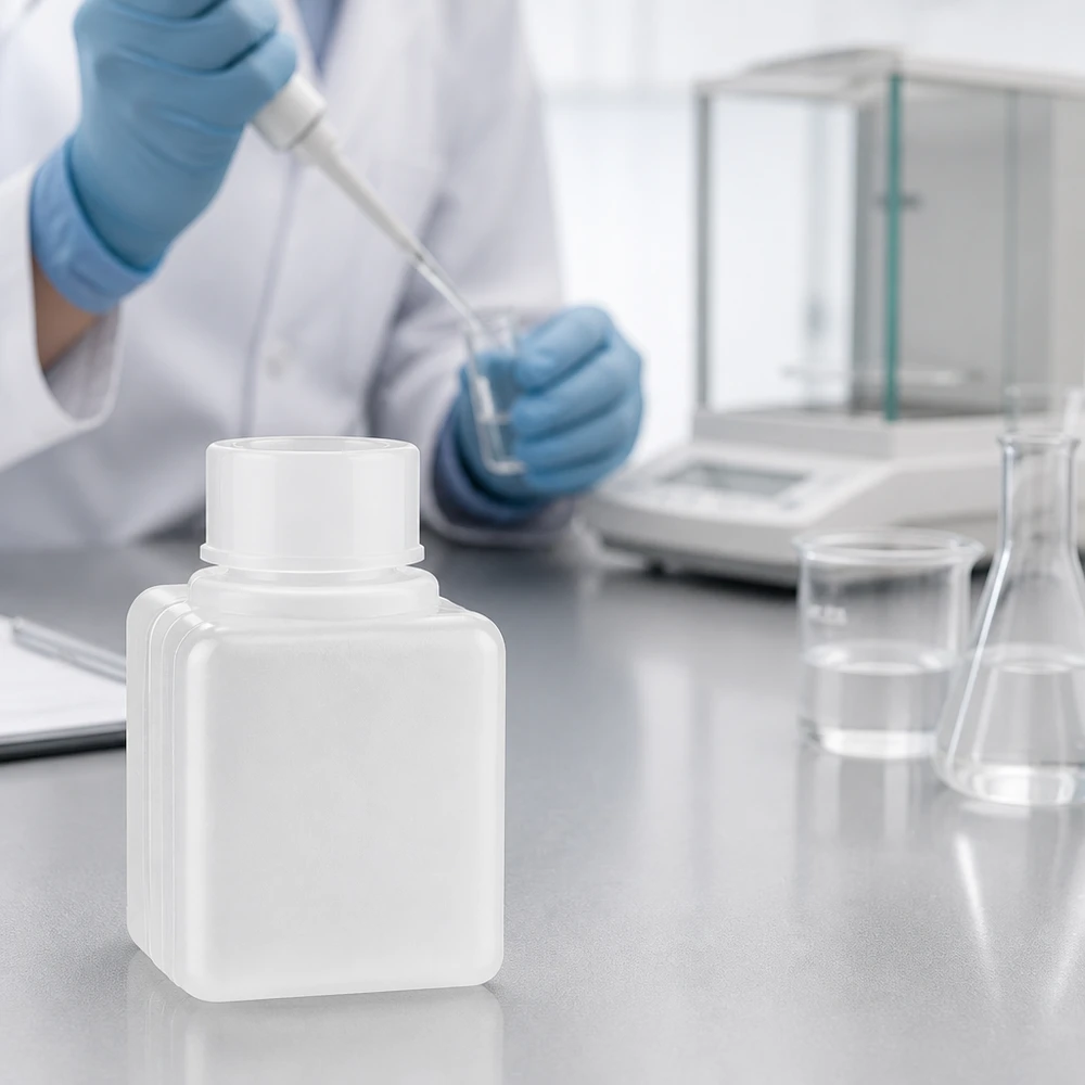 Mała kwadratowa butelka na chemikalia z PE-HD o pojemności 20 ml w kolorze naturalnym obok wagi laboratoryjnej i kolby Erlenmeyera