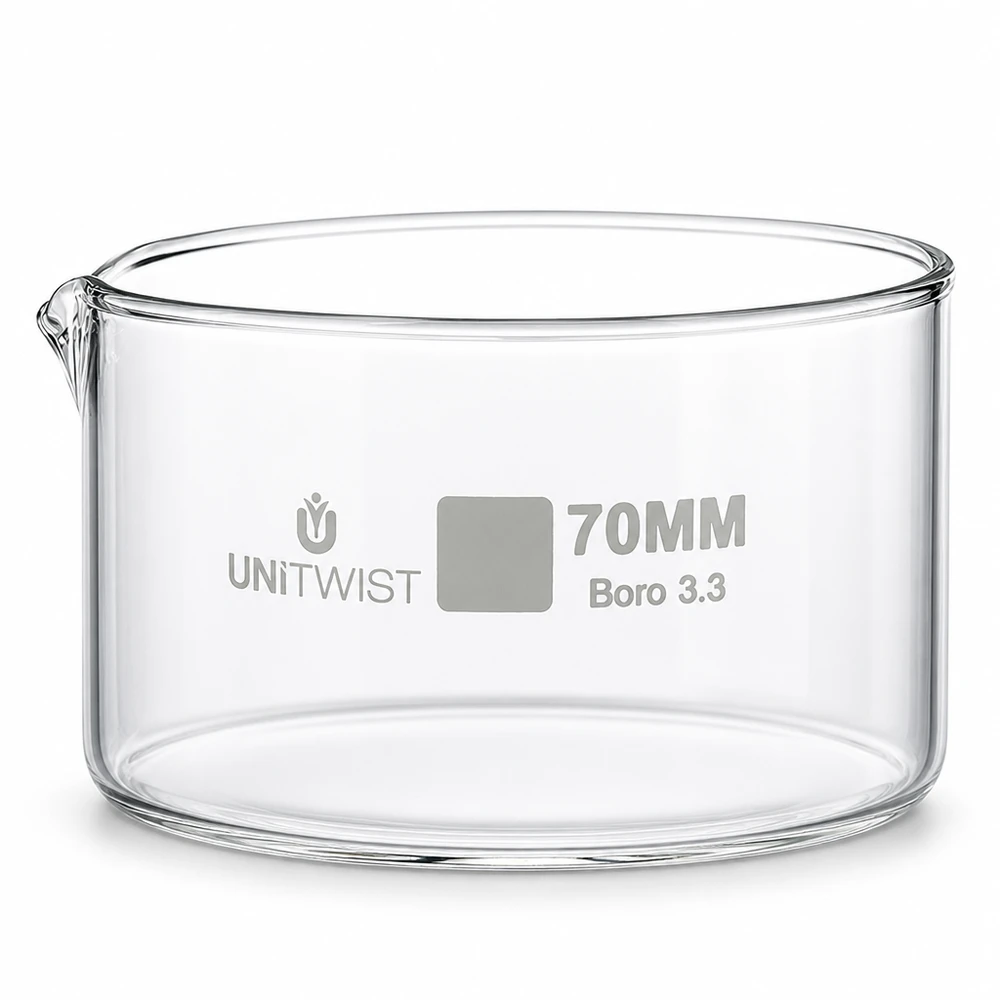 Naczynie krystalizacyjne ø70 mm ze szkła borokrzemowego UNiTWIST Miska do krystalizacji 70 mm, szkło borokrzemowe 3.3 UNiTWIST, przezroczysta, cylindryczna, z wylewką