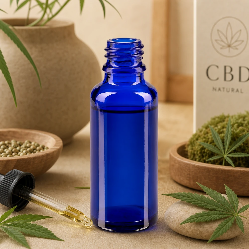 Butelka z zakraplaczem 30 ml DIN 18 NIEBIESKIE SZKŁO Niebieska buteleczka apteczna ApoGlas o pojemności 30 ml z zakraplaczem do oleju CBD, w naturalnej oprawie z liśćmi konopi