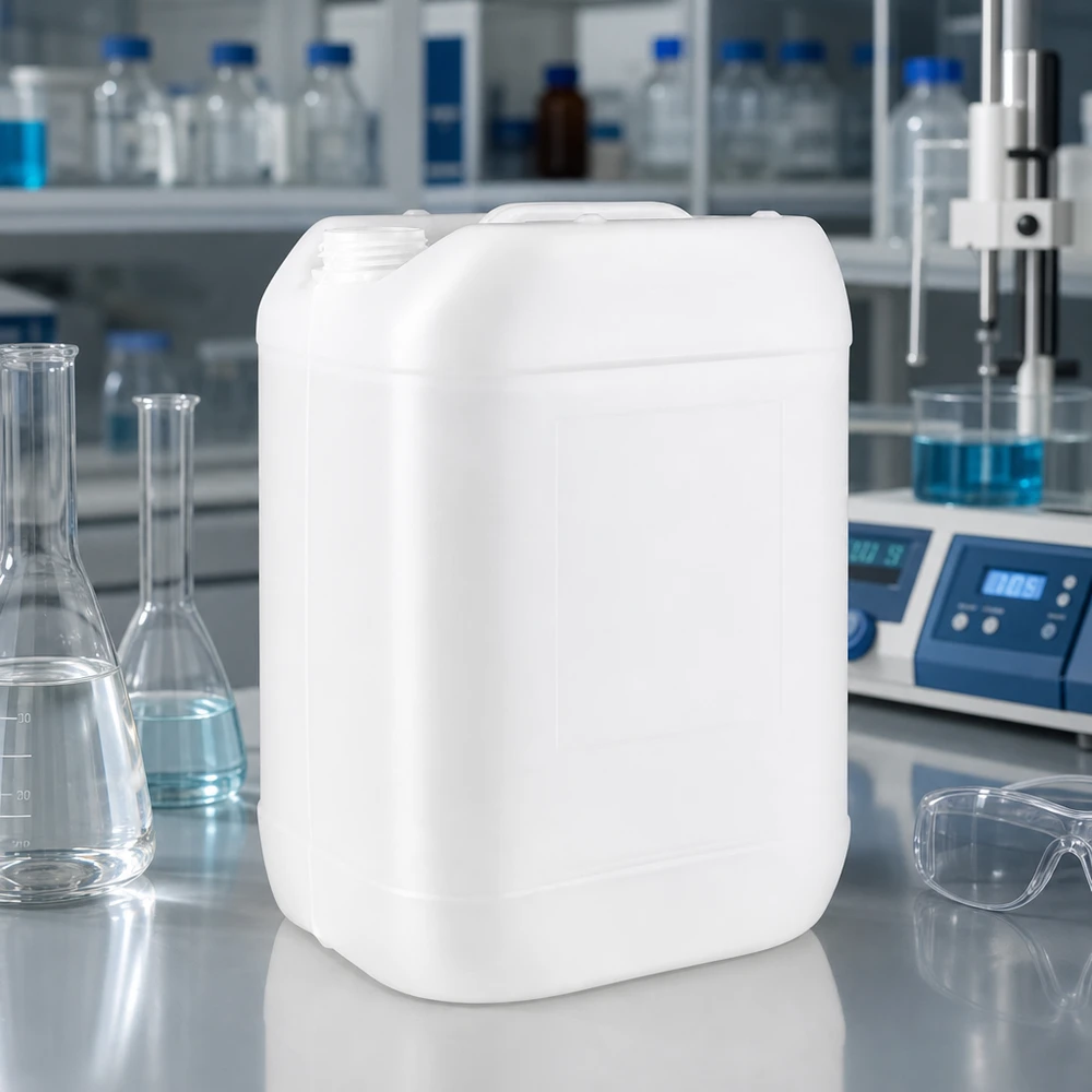 Kanister 25 litrów bez korka Pusty kanister o pojemności 25 litrów bez zamknięcia, wykonany z białego tworzywa sztucznego, przeznaczony do przechowywania chemikaliów i cieczy