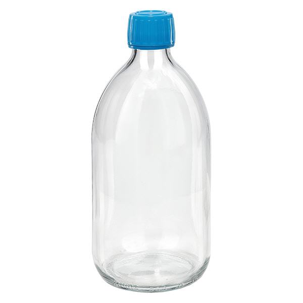 Butelka na lek 500 ml przezroczysta, niebieska zakrętka z pierścieniem zabezpieczającym ApoGlas. Farmaceutyczna jakość produkcji UE. Gwint 28 mm (PP28). (syrop, butelka z lekkiego szkła) Butelka na lek 500 ml przezroczysta, niebieska zakrętka z pierścieniem zabezpieczającym ApoGlas. Farmaceutyczna jakość produkcji UE. Gwint 28 mm (PP28). (syrop, butelka z lekkiego szkła)
