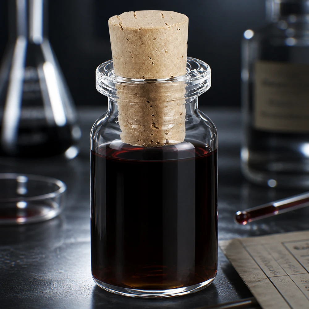 Kompakte Laborflasche 5ml aus Klarglas mit Korken 11/14mm neben Pipette und Notizen