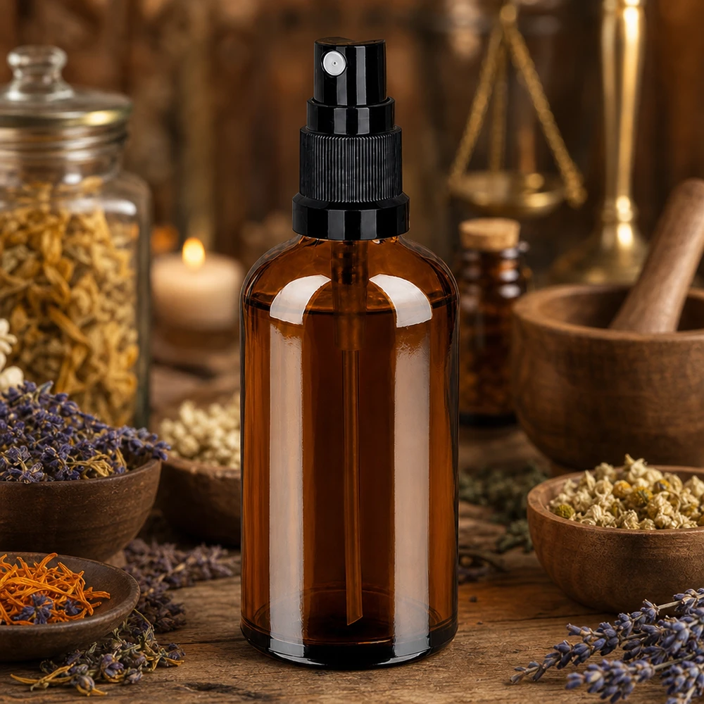 Butelka z rozpylaczem z bursztynowego szkła o pojemności 100 ml z delikatnym atomizerem do nalewek homeopatycznych i ekstraktów ziołowych