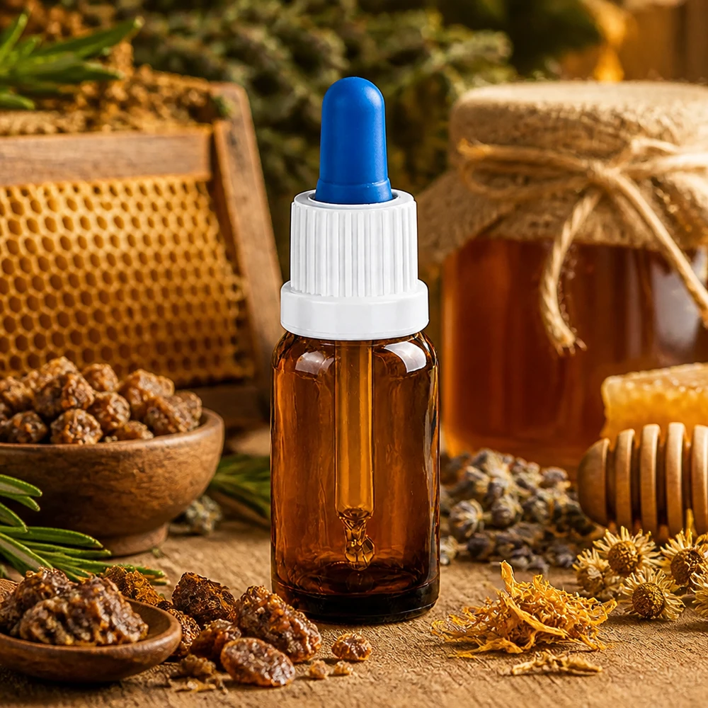 Butelka z pipetą 10 ml biała/niebieska OV BrownLine UT18/10 Butelka z zakraplaczem 10 ml w kolorze brązowym z praktyczną nasadką z pipetą do dokładnego dozowania olejków