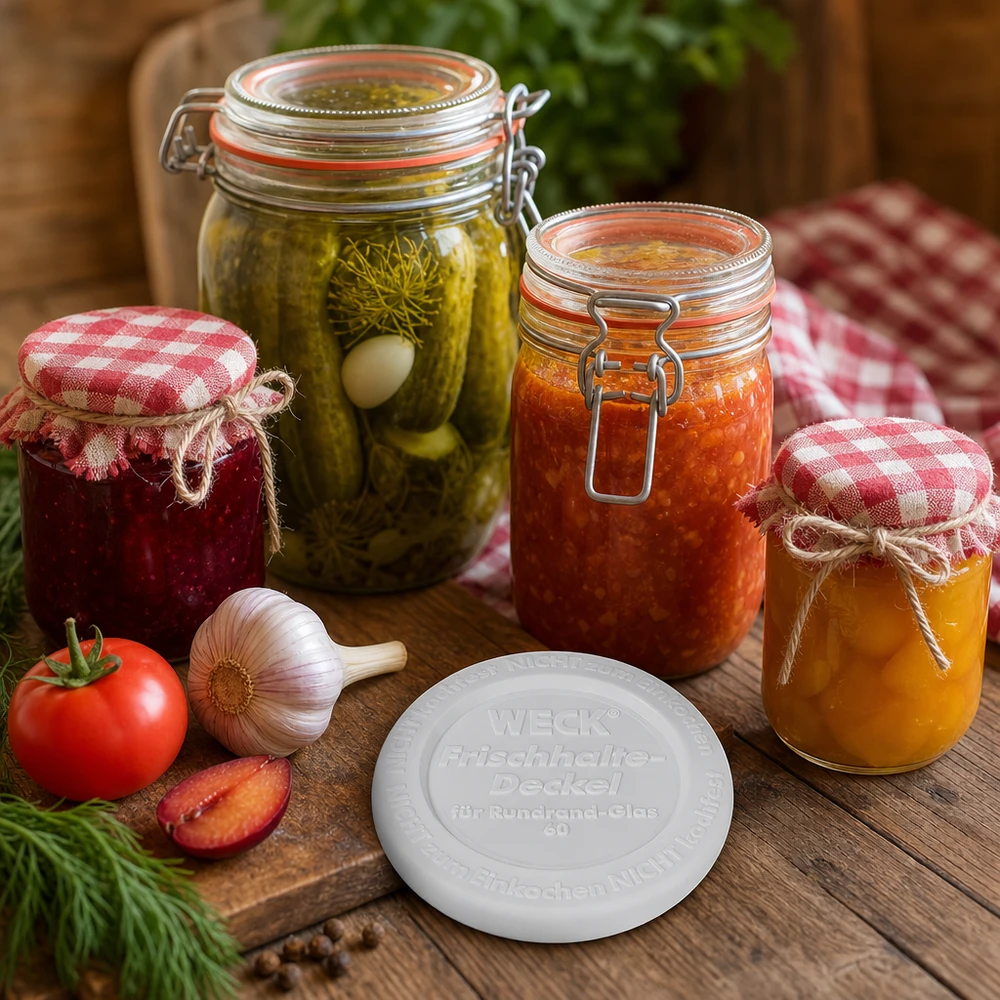 WECK/REX pokrywa utrzymująca świeżość RR60 WECK Frischhaltedeckel RR60 Einmachgläser mit hausgemachten Konserven Marmelade Gurken Tomaten rustikale Küche