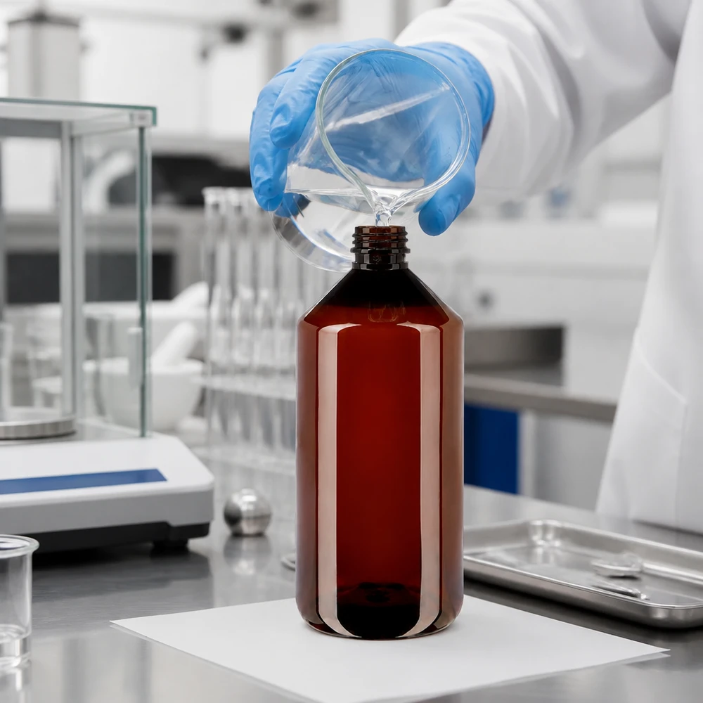 Braune Kunststoffflasche 1000ml mit Standardverschluss steht auf weißer Unterlage im Labor
