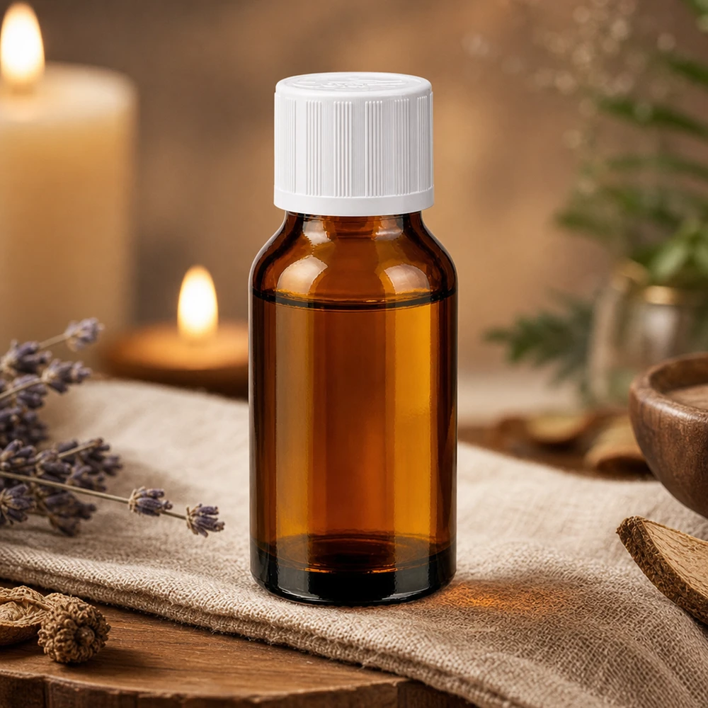 Butelka apteczna brązowa 30ml zakrętka biała KiSi St Mała brązowa szklana buteleczka o pojemności 30 ml z białą zakrętką, umieszczona na lnianej serwetce z dekoracją ziołową