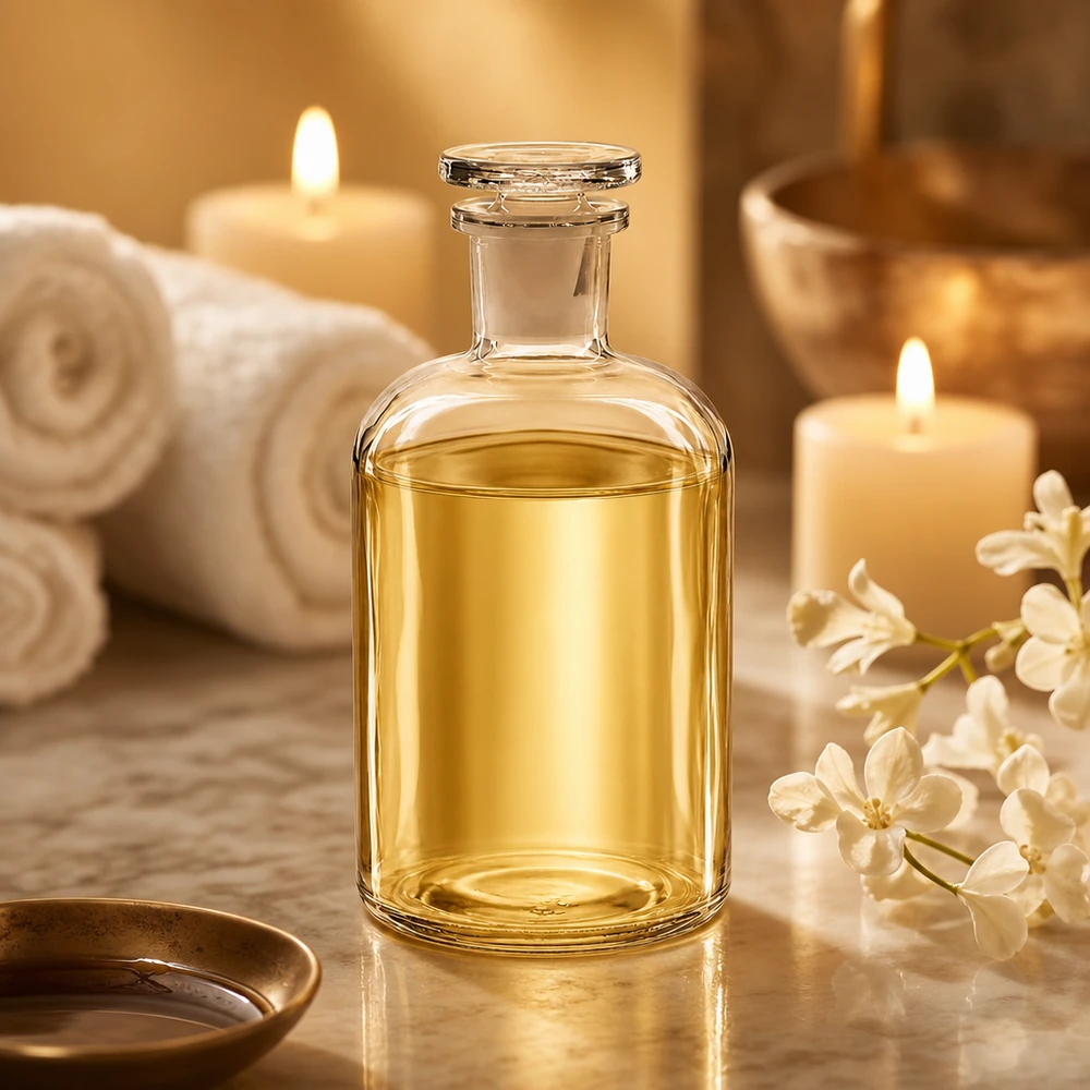 Przezroczysta szklana butelka z wąską szyjką o pojemności 500 ml, z korkiem, wypełniona złotym olejkiem w atmosferze spa