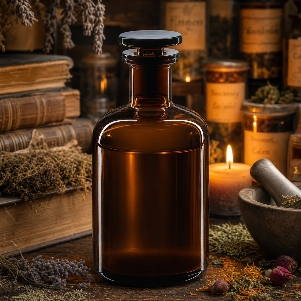 Butelka apteczna 100 ml, brązowa, z wąską szyjką i szklanym korkiem, przeznaczona do ziół i nalewek