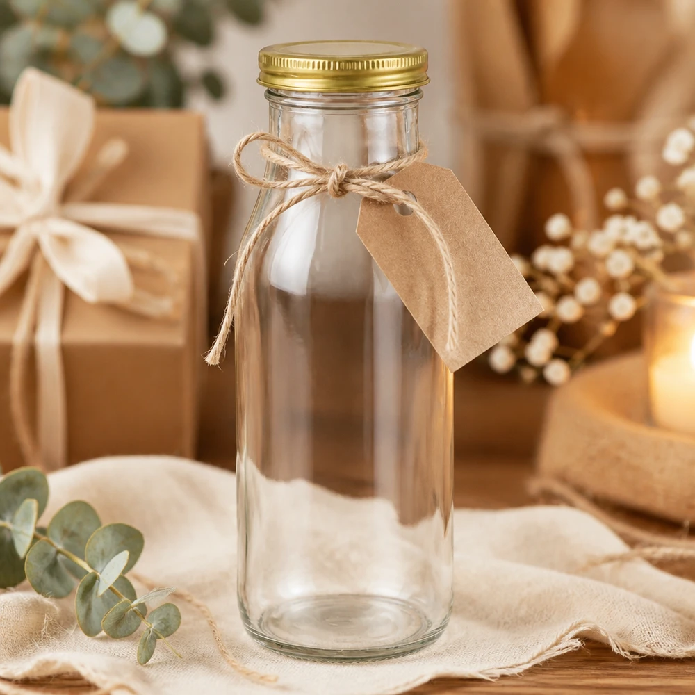 Butelka UNiTWIST263 w kolorze złotym. Pokrywka TO43 BioSeal UNiTWIST Bottle263 als Geschenkidee mit Bastband und Etikett in festlicher Dekoration mit goldenen TO43 BioSeal Deckel