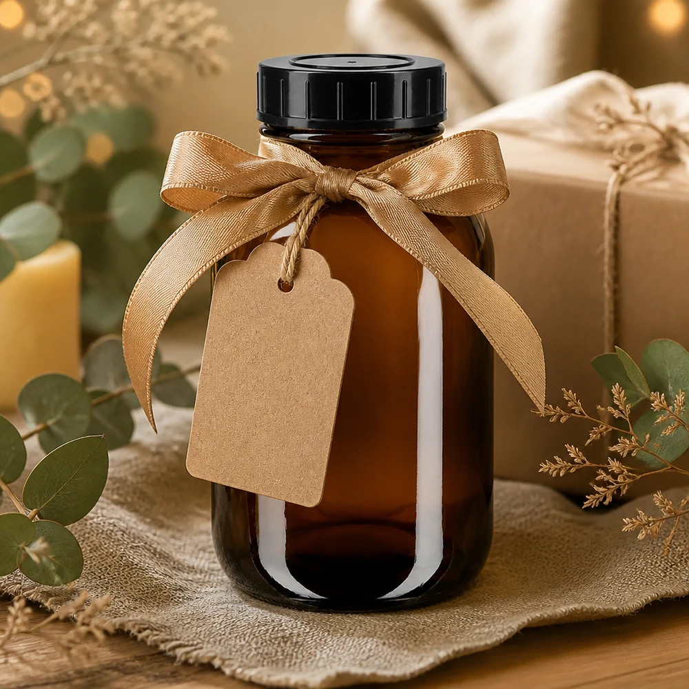 Butelka z szeroką szyjką o pojemności 500 ml z bursztynowego szkła z zakrętką Butelka z brązowego szkła o pojemności 500 ml z szerokim otworem i zakrętką, idealna do syropów i nalewek.
