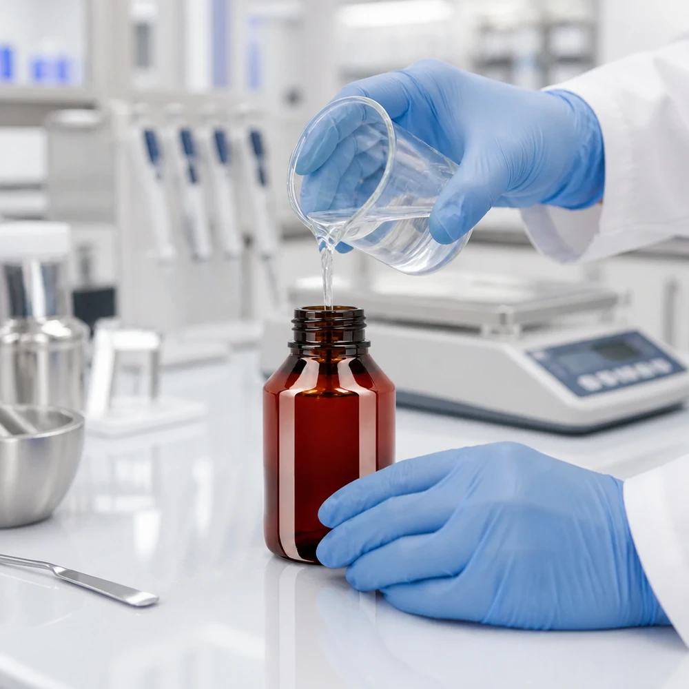 Farmaceutyczna butelka PET o pojemności 50 ml z zamknięciem zabezpieczającym przed manipulacją, przeznaczona do profesjonalnego napełniania w laboratorium