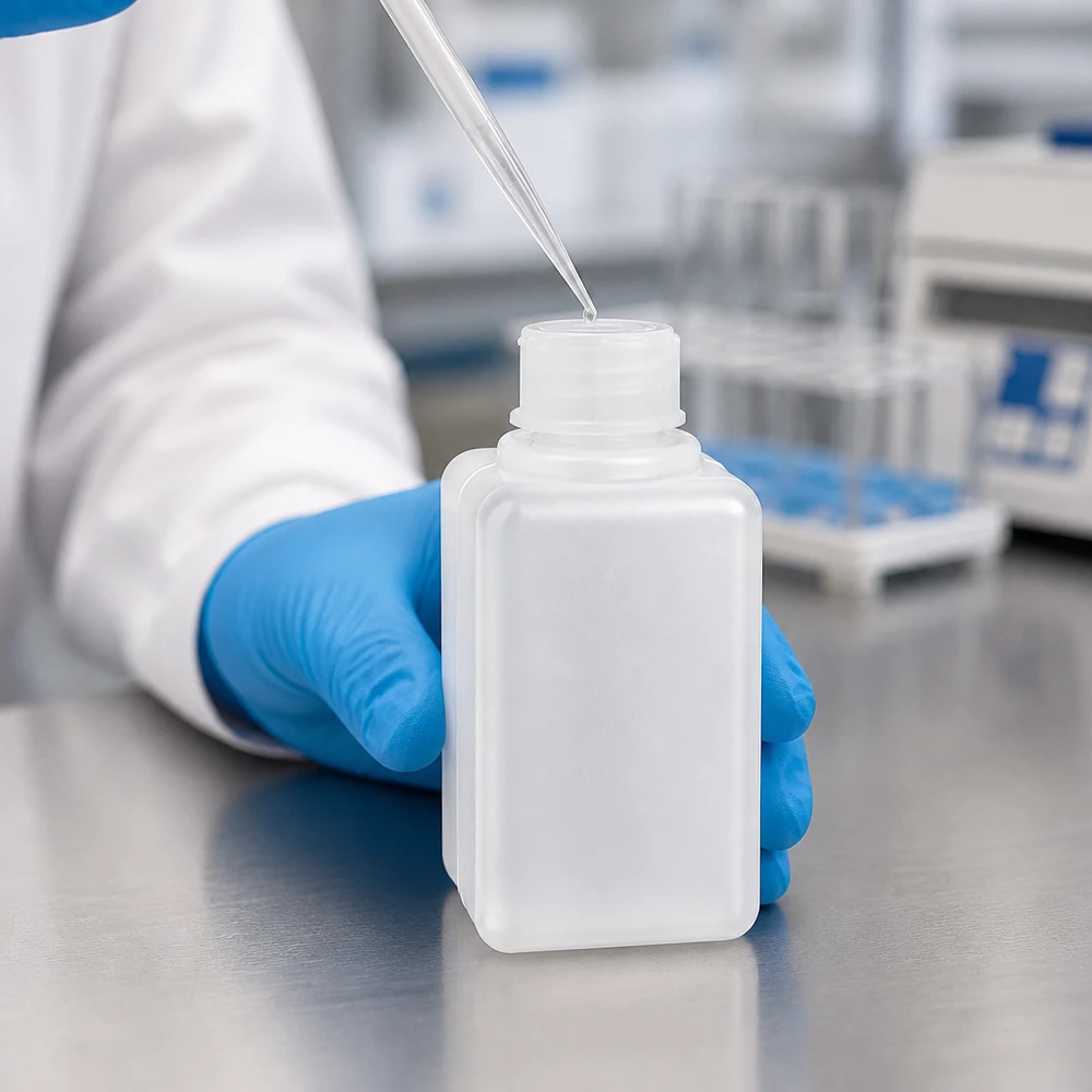 Laborant napełnia w laboratorium butelkę na chemikalia o pojemności 50 ml, wykonaną z polietylenu wysokiej gęstości (PE-HD), z wąską szyjką, w naturalnym kolorze, za pomocą pipety