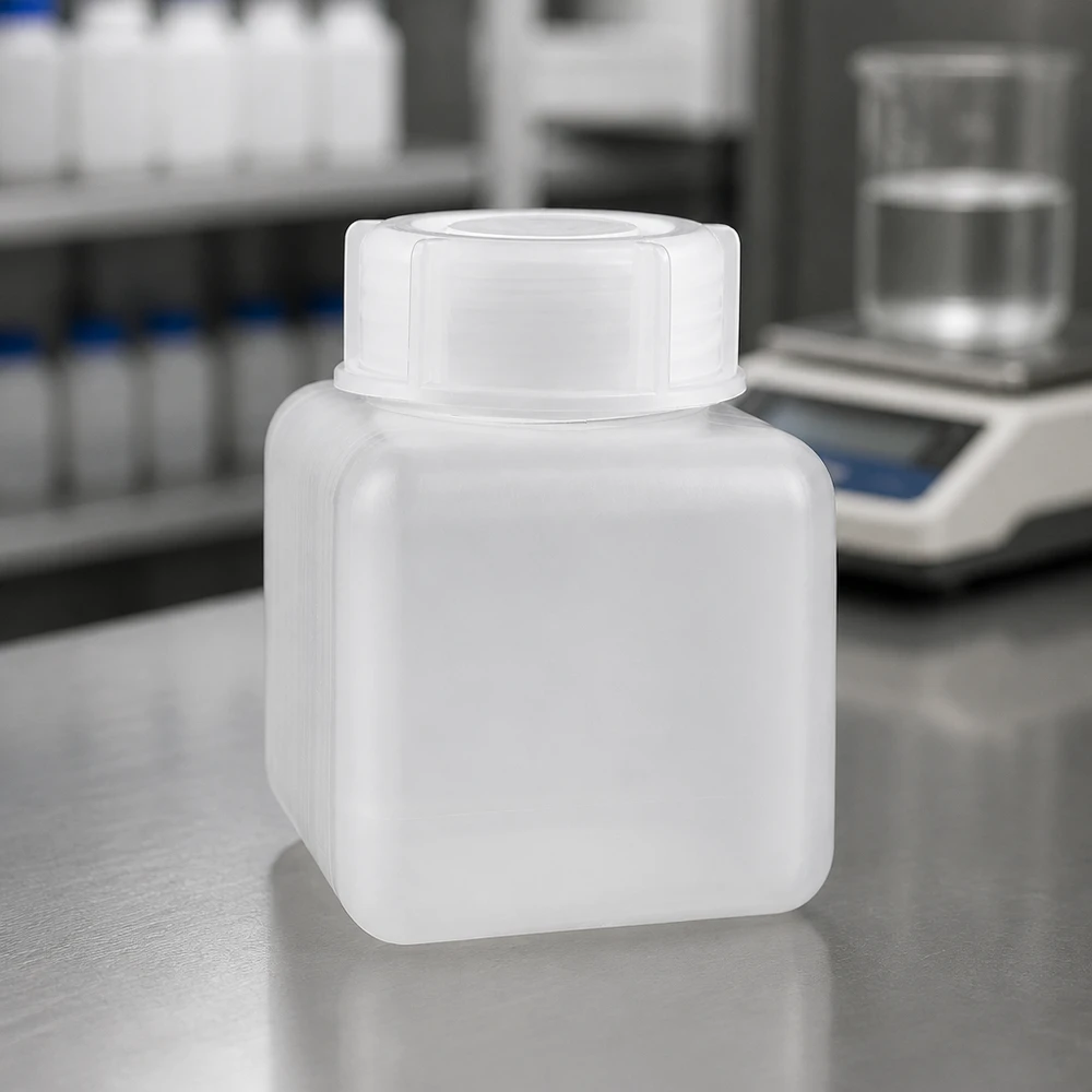 Butelka z PE-HD o szerokiej szyjce, 500 ml, w kolorze naturalnym, półprzezroczysta, na stole laboratoryjnym ze stali nierdzewnej z wagą analityczną