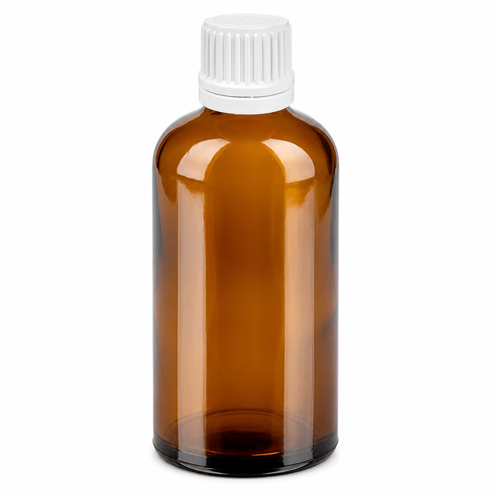 100 ml butelka z kroplomierzem 0,7 mm biała OV BrownLine UT18/100 Butelka z zakraplaczem z bursztynowego szkła o pojemności 100 ml z białą zakrętką i wkładką z zakraplaczem 0,7 mm do precyzyjnego dozowania.