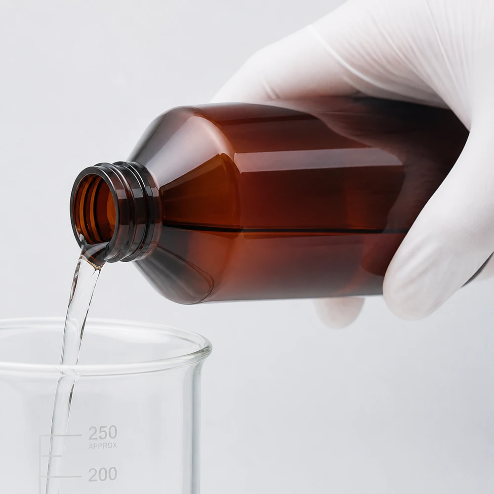 Butelka PET 750 ml z czarną nakrętką OV Zastosowanie laboratoryjne: brązowa butelka PET o pojemności 750 ml; płyn wlewa się do zlewki o pojemności 250 ml