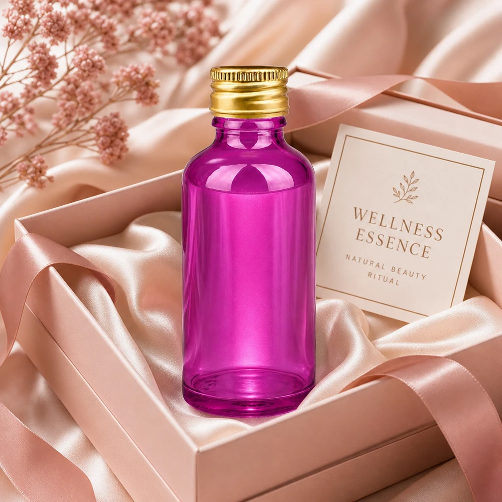 Butelka 50ml 11mm zakrętka aluminiowa złoty standard PurpleLine. UT18/50 Butelka Premium Wellness Essence 50 ml w eleganckim fioletowym kolorze z luksusowym złotym aluminiowym korkiem