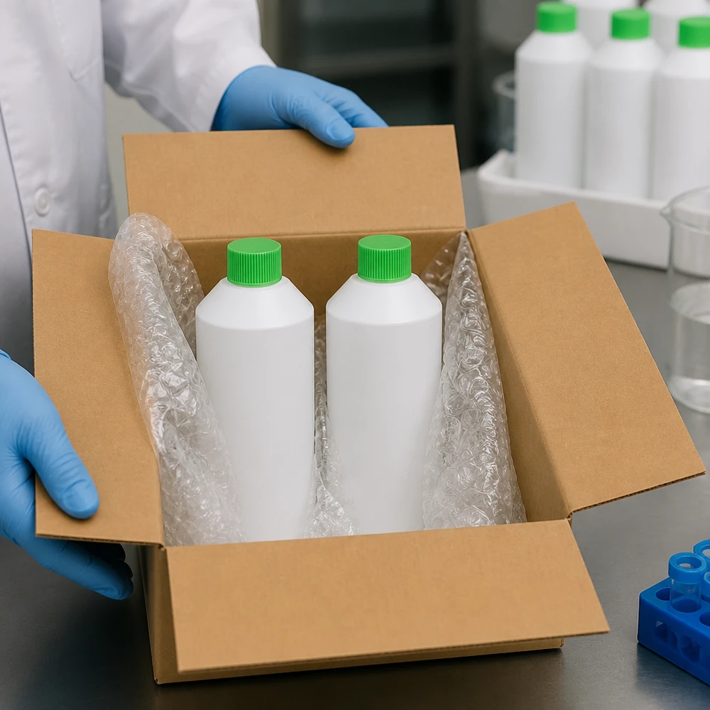 Dwie białe butelki apteczne z HDPE o pojemności 250 ml z zielonymi nakrętkami, zapakowane w karton z folią bąbelkową