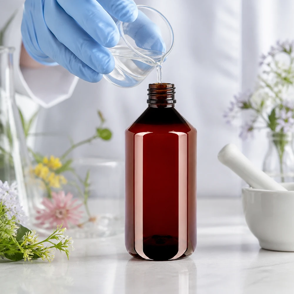 Butelka PET 750 ml z białym zamknięciem typu flip-top. Plastikowa butelka o pojemności 750 ml w kolorze bursztynowym jest napełniana w laboratorium przezroczystym płynem