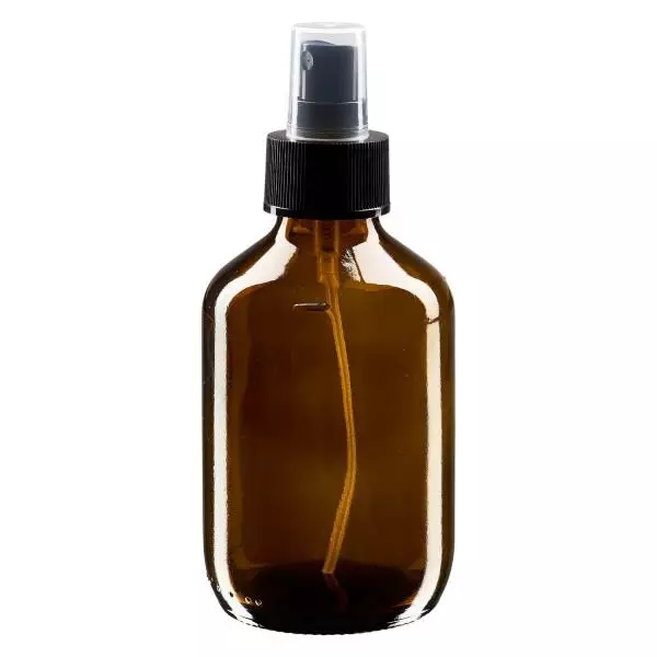 Butelka na lek 200 ml brązowa, z pompką rozpylającą czarną ApoGlas. Farmaceutyczna jakość produkcji UE. Gwint 28 mm (PP28). (syrop, butelka z lekkiego szkła)